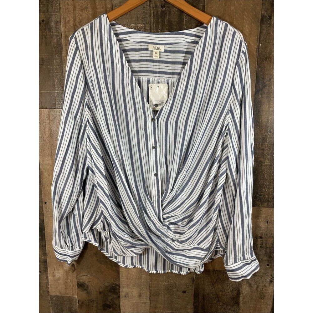 Ana Women Top white & Blue striped button Accents Long Sleeve XXL Runs Smaller